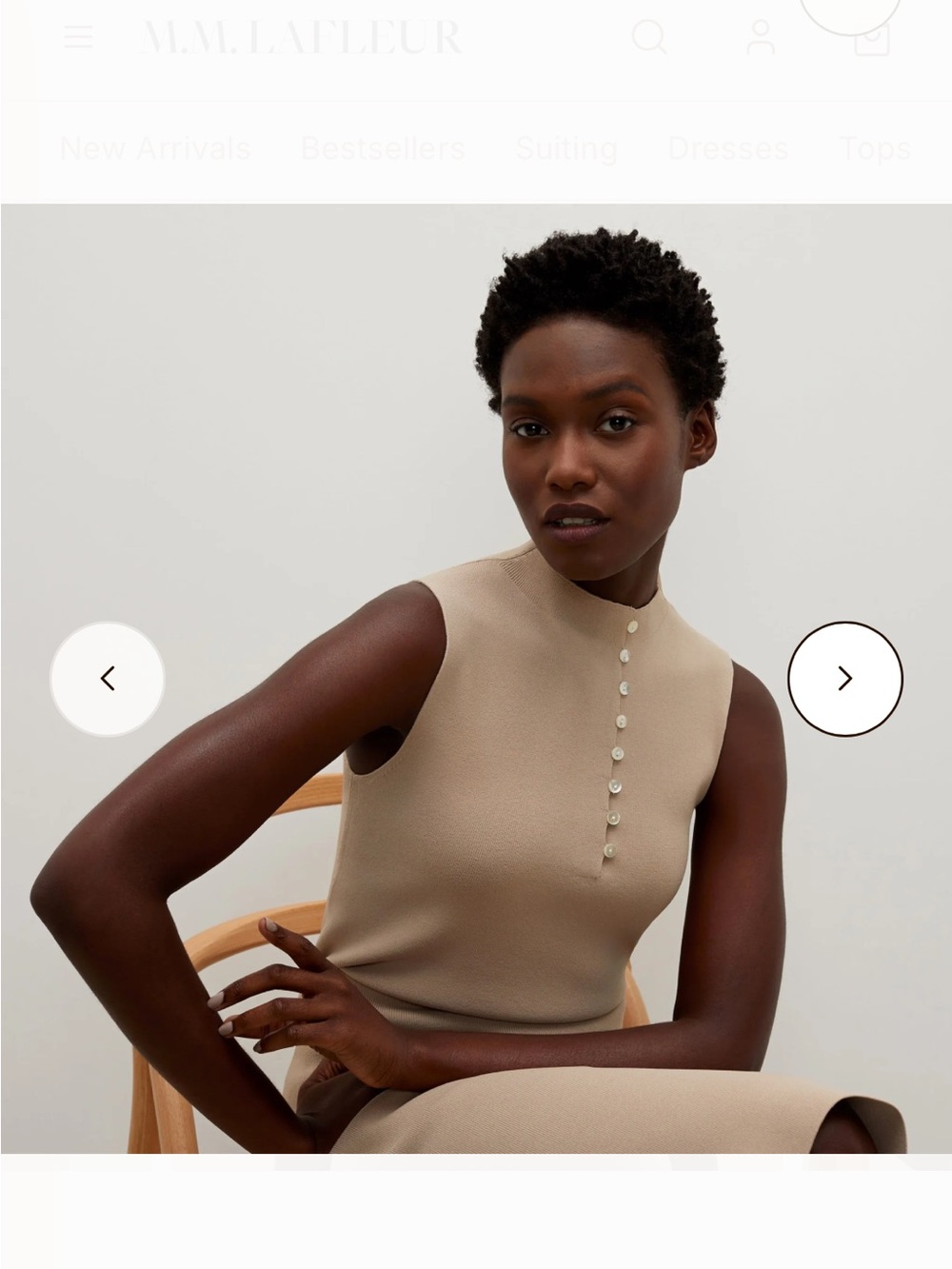 MM Lafleur Neutral Beige Sleeveless Mock Neck Camisole with Pearl Buttons